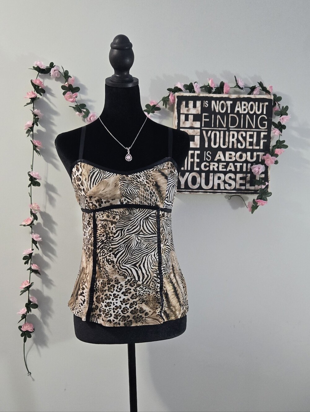 Caché Vintage Y2K Mixed Animal Print Cami Corset Top Metallic Gold Fleck Small